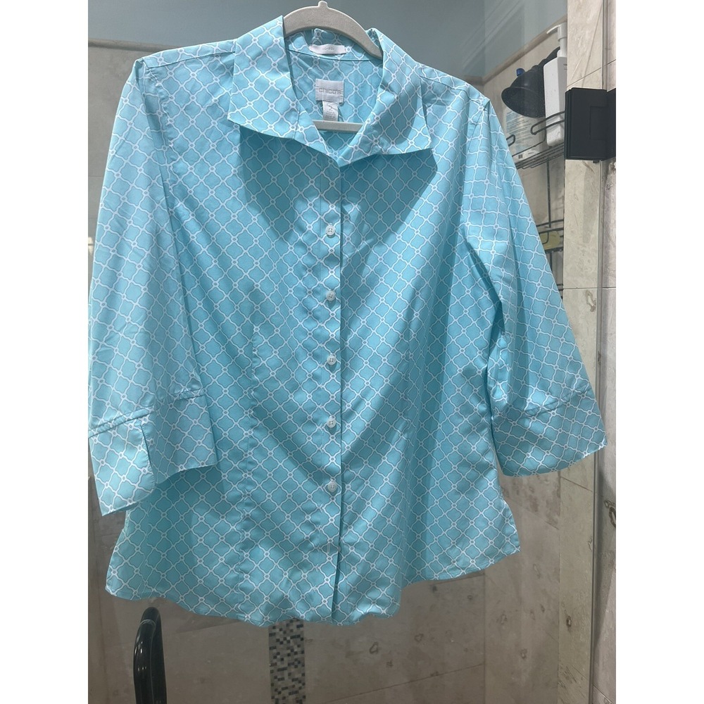 Chico's Size 2 Trellis Blue White No Iron Cotton Button Shirt 3/4 Sleeve Tunic